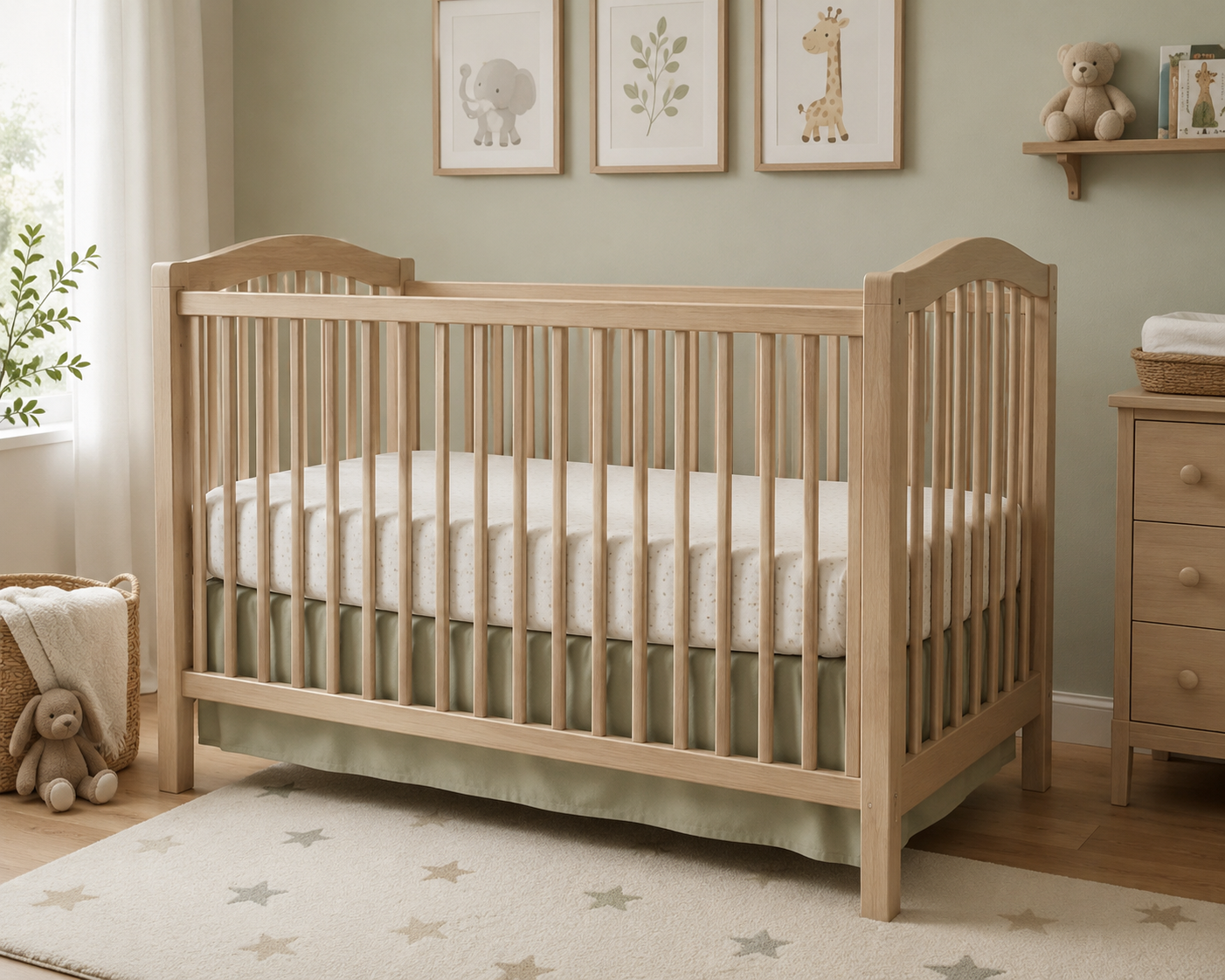 Crib set up in the bedroom at Salt & Vine Beach House